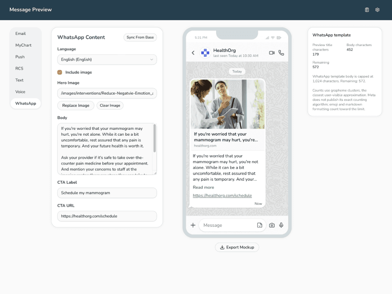 Lirio preview tool showing a WhatsApp message preview with channel, language, brand, and recipient controls.